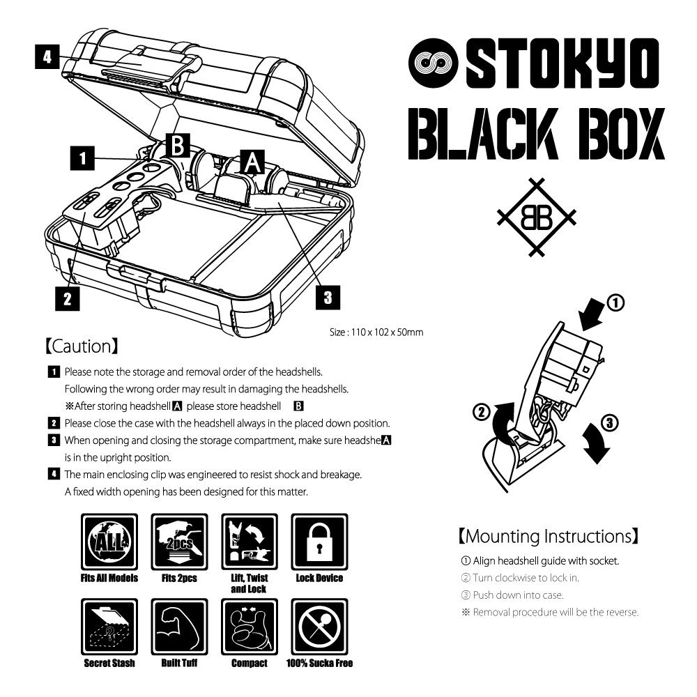 STOKYO BLACK BOX 'Clear Edition' instructions in English, detailing cartridge compatibility and features.