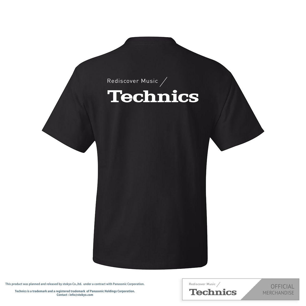 Back view of a black T-Shirt featuring the "Rediscover Music / Technics" logo. Premium apparel for music lovers and Technics enthusiasts.