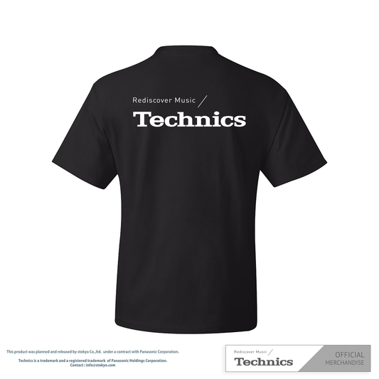 Back view of a black T-Shirt featuring the "Rediscover Music / Technics" logo. Premium apparel for music lovers and Technics enthusiasts.