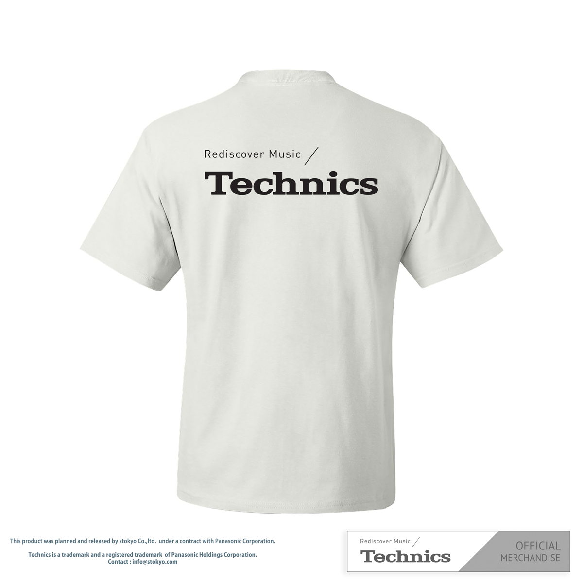 Back view of White T-Shirt featuring the "Rediscover Music / Technics" logo. Premium apparel for music lovers and Technics enthusiasts.