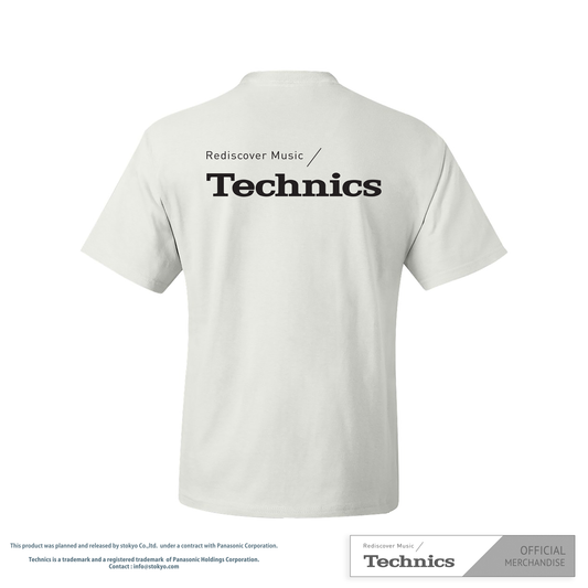 Back view of White T-Shirt featuring the "Rediscover Music / Technics" logo. Premium apparel for music lovers and Technics enthusiasts.