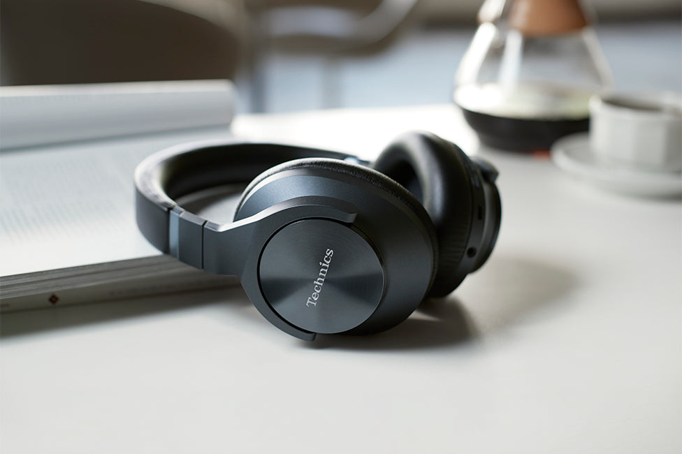 Technics EAH-A800 Wireless Headphones in sleek black design with over-ear cushioned earpads for ultimate comfort and noise cancelling.
