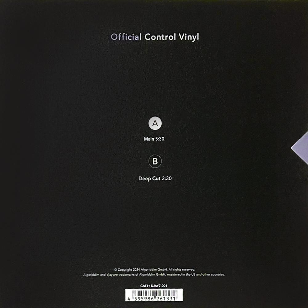 Black 7-inch djay Official Control Vinyl by Algoriddim and STOKYO, featuring a sleek black sleeve with 'djay' branding