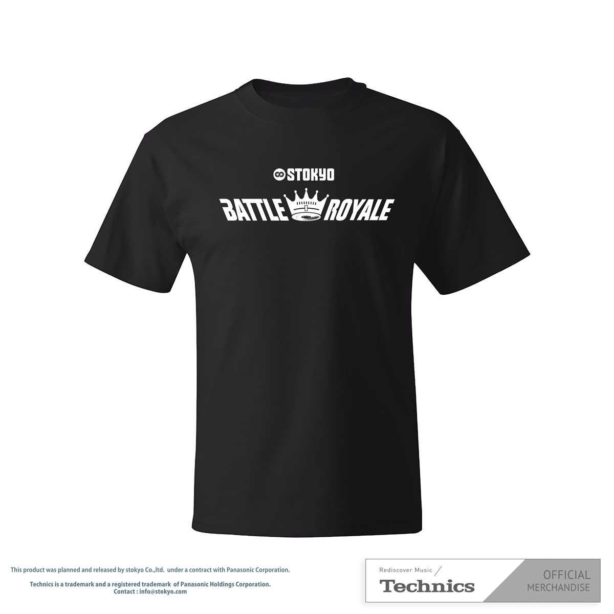 Black T-Shirt featuring the bold STOKYO Battle Royale logo. Official merch for DJs and vinyl enthusiasts, crafted for style and comfort.