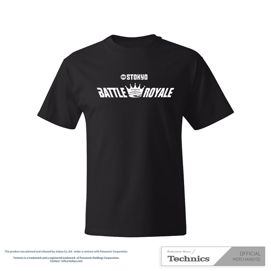 Black T-Shirt featuring the bold STOKYO Battle Royale logo. Official merch for DJs and vinyl enthusiasts, crafted for style and comfort.