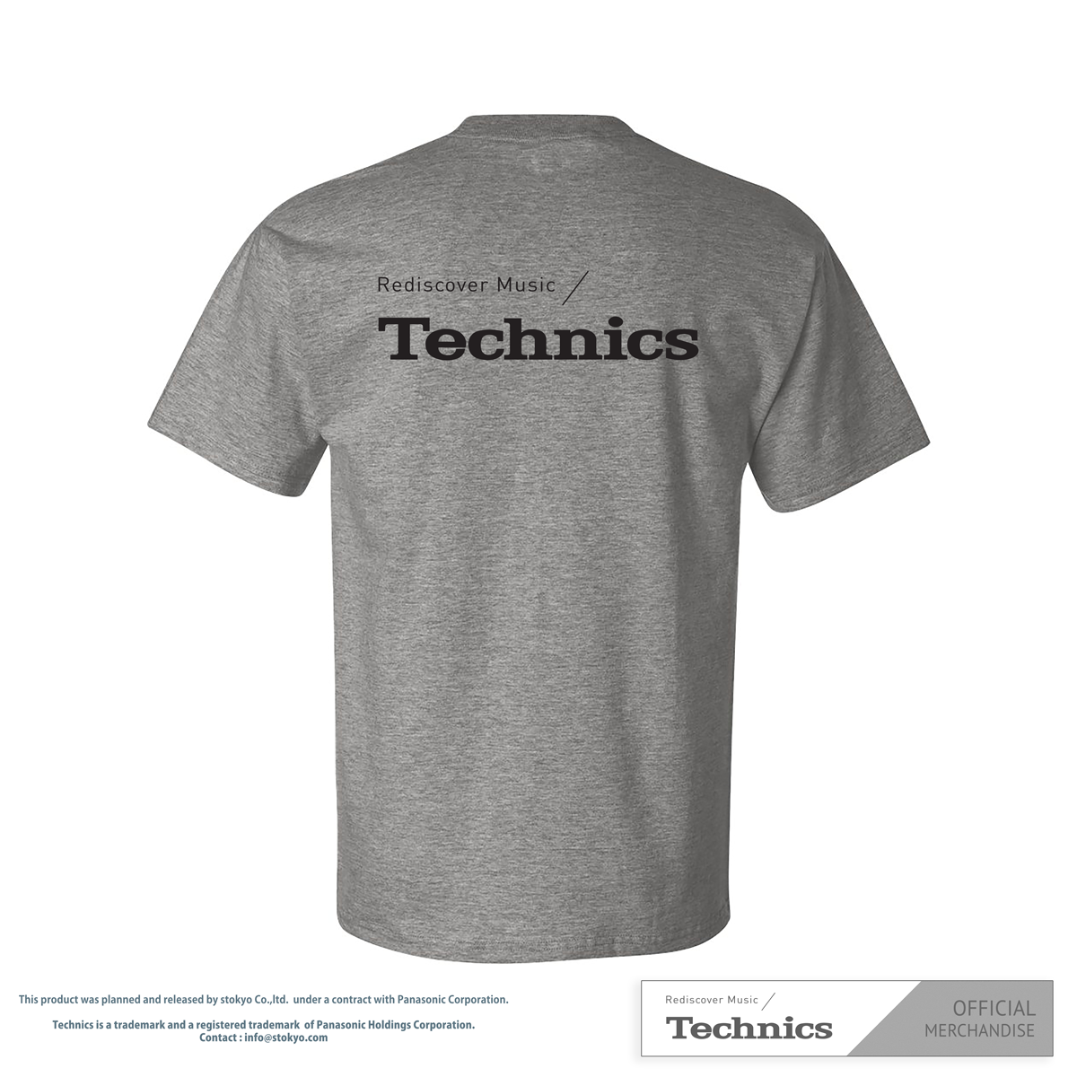 Back view of Grey T-Shirt featuring the "Rediscover Music / Technics" logo. Premium apparel for music lovers and Technics enthusiasts.