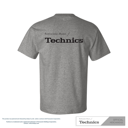 Back view of Grey T-Shirt featuring the "Rediscover Music / Technics" logo. Premium apparel for music lovers and Technics enthusiasts.