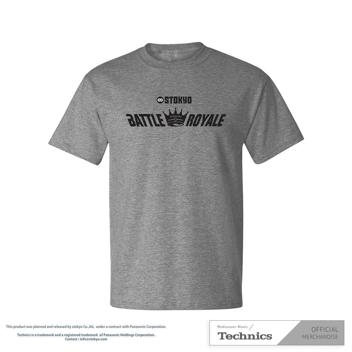 Grey T-Shirt featuring the bold STOKYO Battle Royale logo. Official merch for DJs and vinyl enthusiasts, crafted for style and comfort.