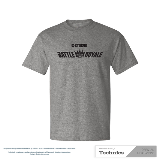 Grey T-Shirt featuring the bold STOKYO Battle Royale logo. Official merch for DJs and vinyl enthusiasts, crafted for style and comfort.