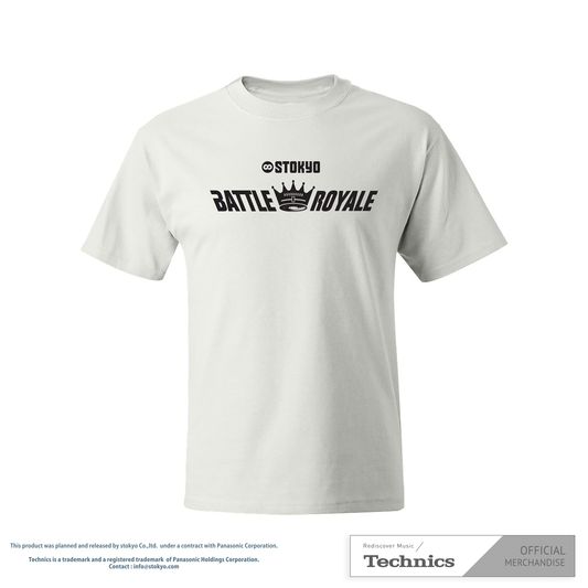 White T-Shirt featuring the bold STOKYO Battle Royale logo. Official merch for DJs and vinyl enthusiasts, crafted for style and comfort.
