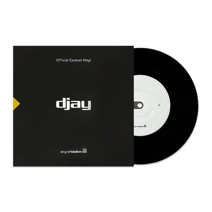 Black 7-inch djay Official Control Vinyl by Algoriddim and STOKYO, featuring a sleek black sleeve with 'djay' branding